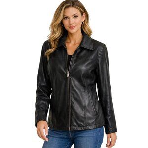 Outbrook Size 1X  Vintage Collared Black Leather Zip-Up Jacket Coldwater Creek